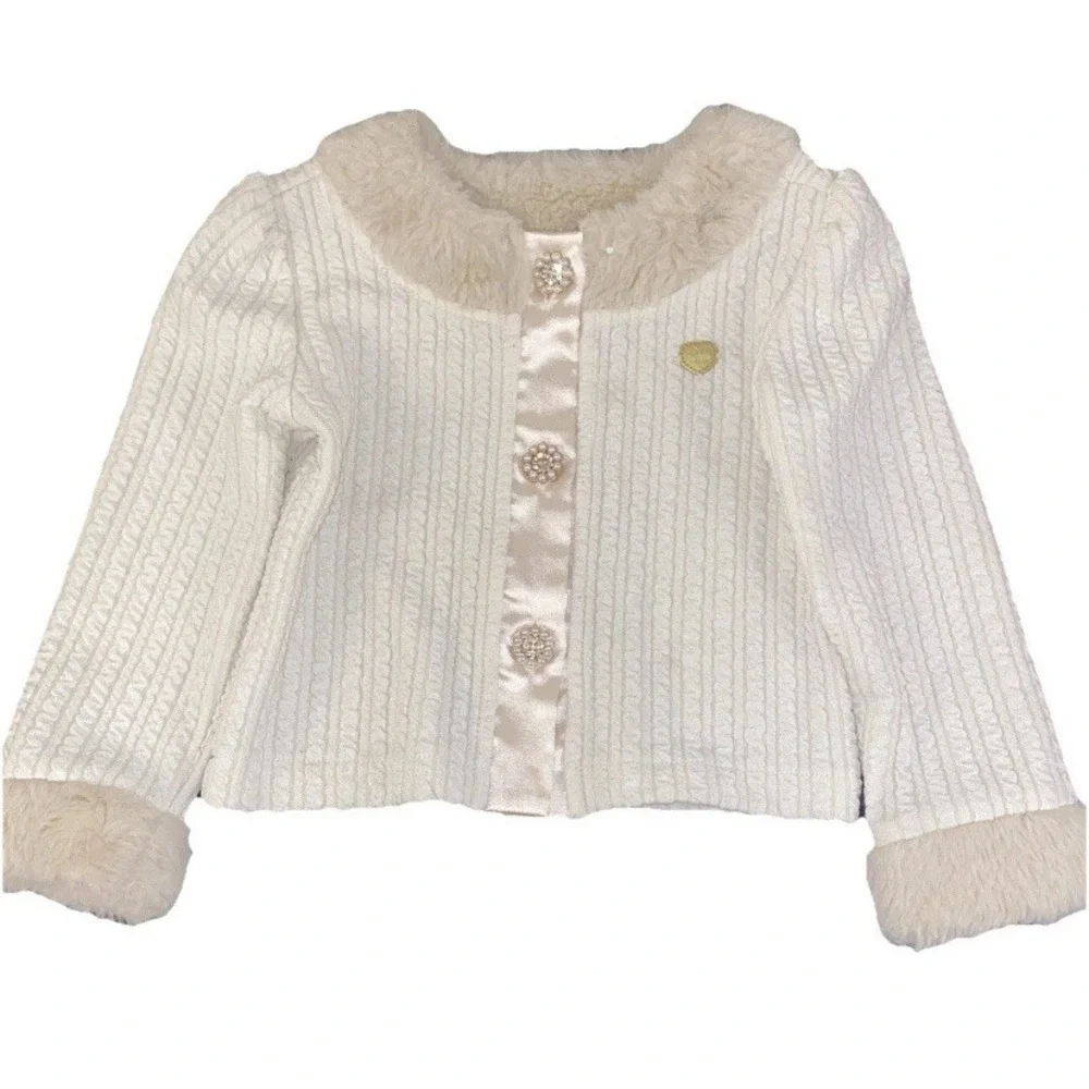 Le Chic Cardigan Kids Size 2 Cream Faux Fur Trim Cable Knit Pearl Button
